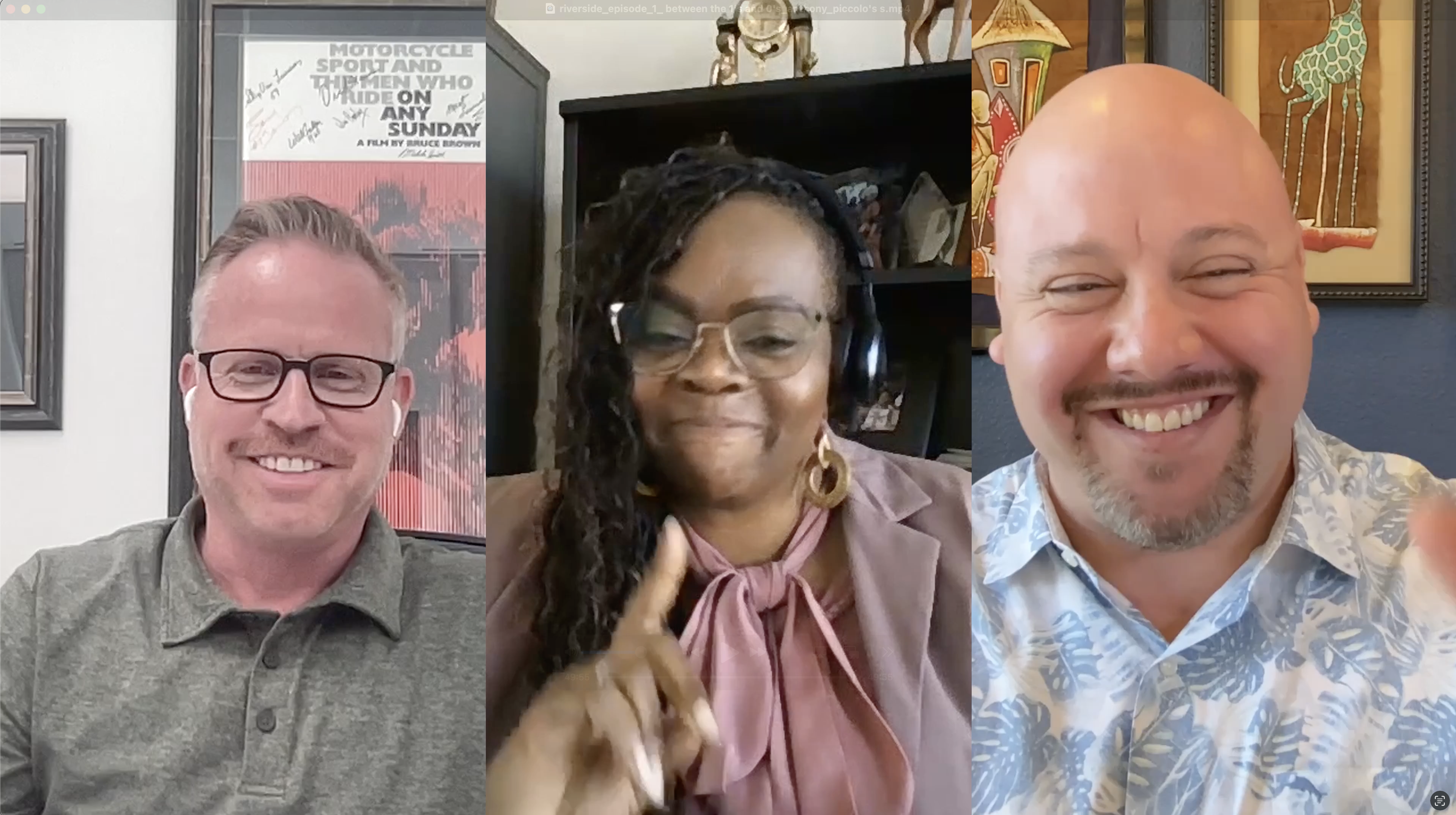 ✅ RIGHT PANEL (where the mic image is): Swap placeholder with a still image from Episode 1 (your Riverside screenshot with all 3 of you).